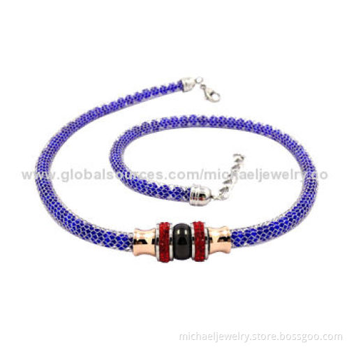 Stainless steel necklaces, dark blue opal beads and crystal PP stones, rose gold and black plating